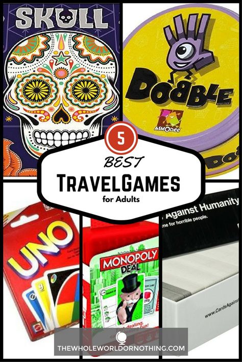 Best Travel Games For Adults | Awesome Games to take on Road Trips | Travel Game Ideas | Travel Card Games | Must Have Travel Accessories | Dobble | Monopoly Deal | Uno | Skulls | Cards Against Humanity Travel Games For Adults, Fun Road Trip Games, Trip Games, Must Have Travel Accessories, Travel Card, Games For Adults, Road Trip Games, Packing Lists, Travel Gadgets