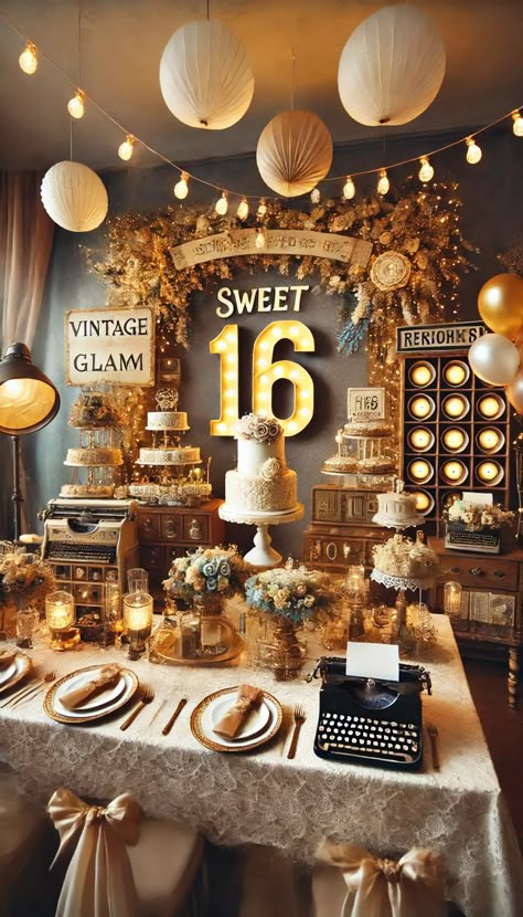 🎉 21 Stunning Sweet 16 Decoration Ideas That Will Wow Your Guests! 🌟 Sweet Sixteen Country Theme Party Ideas, Lowkey Sweet 16 Party Ideas, Sweet Sixteen Gold Theme, Birthday Party Themes Sweet 16, Vintage Birthday Decor, Fall Sweet 16, Small Sweet 16 Party Ideas, Sweet 16 Birthday Ideas, Antique Props