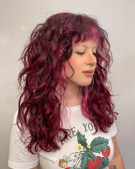 Long Curly Shag with Baby Bangs Baby Bangs Wavy Hair, Curly Baby Bangs, Red Curly Hair With Bangs, Curly Hair Baby Bangs, Baby Bangs Curly Hair, Shag With Baby Bangs, Red Curly Shag Hair, Black And Red Shag Hair, Red Brown Shag Hair