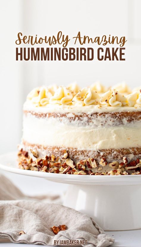 A Hummingbird cake rests on a white cake stand with a tan kitchen towel on the counter. Hummingbird Cake Recipes, Bird Cake, Hummingbird Cake, I Am Baker, Food Nutrition, Humming Bird, Classic Southern, Cake Flavors, Cheese Frosting