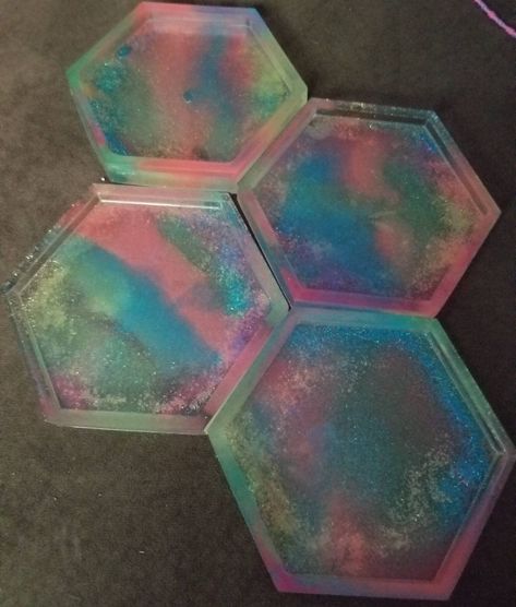 Pastel glow in the dark hexagonal coaster set of 4. Glow In The Dark Resin, Resin Coasters, Mica Powder, Great Birthday Gifts, Coasters Set, Coaster Set, In The Dark, Glow In The Dark, Dried Flowers