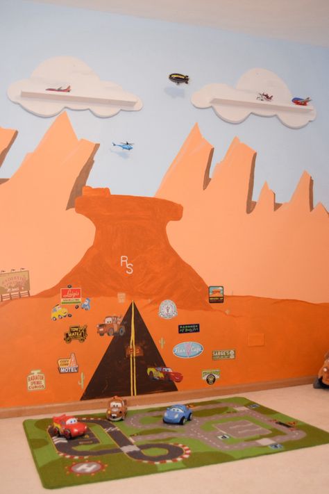 Radiator springs mural Radiator Springs Bedroom, Rockwall Design, Small Radiator, Car Mural, Disney Cars Bedroom, Cars Bedroom, Cars Mural, Twins Bedroom