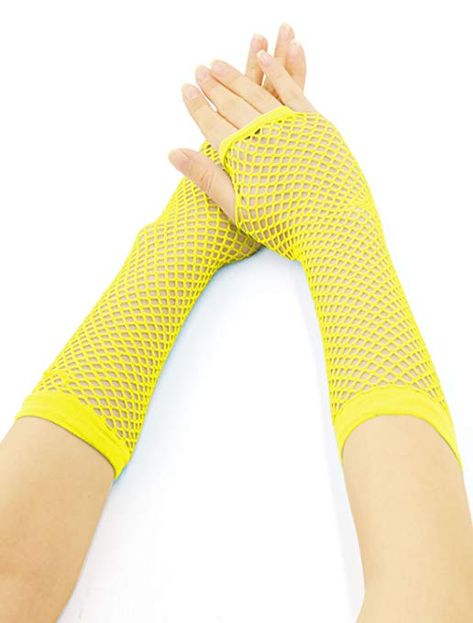 Aesthetic Gloves, 1980s Fancy Dress, Fishnet Gloves, Yellow Clothing, Fun Aesthetic, Mesh Gloves, Fancy Dress Party, Retro Accessories, Chunky Knit Blanket