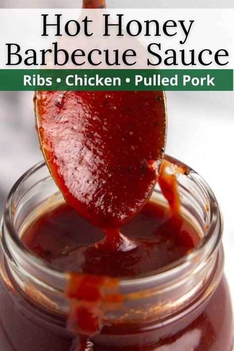 This Homemade Hot Honey BBQ Sauce Recipe is the perfect blend of sweet and heat! With just 5 minutes of prep, a few pantry staples, and a quick simmer, you’ll have a sauce that’s just right for ribs, brisket, chicken, or pulled pork. Hot Bbq Sauce Recipe, Homemade Bbq Sauce Easy, Spicy Barbecue Sauce Recipe, Sweet Heat Sauce, Honey Barbeque Sauce, Homemade Honey Bbq Sauce, Homemade Hot Honey, Honey Bbq Sauce Recipe, Easy Bbq Sauce