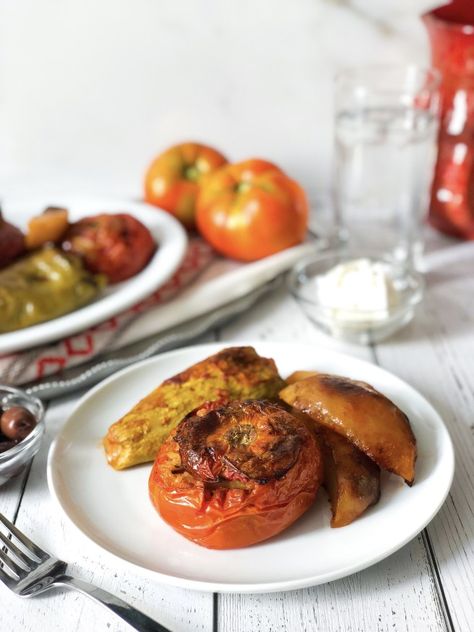 Yemista – Taking the guesswork out of Greek cooking…one cup at a time Yemista Recipe, Vegan Greek Recipes, Stuffed Vegetables, Greek Recipes Authentic, Vegan Greek, Stuffed Eggplant, Stuffed Tomatoes, Greek Cooking, Greek Dishes