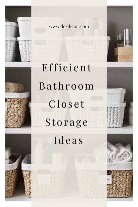 Efficiently organized bathroom closet shelves with wicker and white baskets holding toiletries and towels. Organizing Bathroom Closet Storage, Open Shelf Bathroom Storage Ideas, Open Bathroom Shelving Storage Ideas, Basket Bathroom Storage, Open Bathroom Storage, Decorating Open Shelves In Bathroom, Closet Organization Ideas Bathroom, Bathroom Closet Without Doors, Beauty Closet Organization