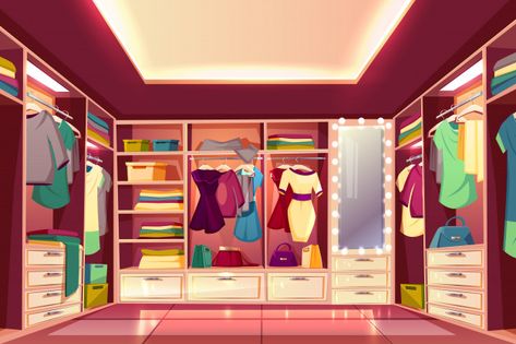 Spacious walk in closet or dressing room... | Free Vector #Freepik #freevector #house #woman #fashion #box Mall Backgrounds, Wardrobe Shelves, Dresses Hanging, Gacha Background, Mirror Illustration, Clothes Cartoon, Illuminated Mirror, Episode Interactive Backgrounds, Episode Backgrounds