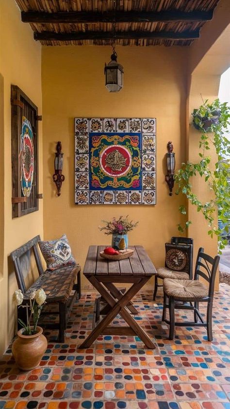 Old Mexican House Aesthetic, Latin Home Decor, Mexican Modernism Interior, Hispanic Decor, Mexican House Interior, Casita Decor, Mexican Style House, Mexican Home Interior, Spanish Gardens