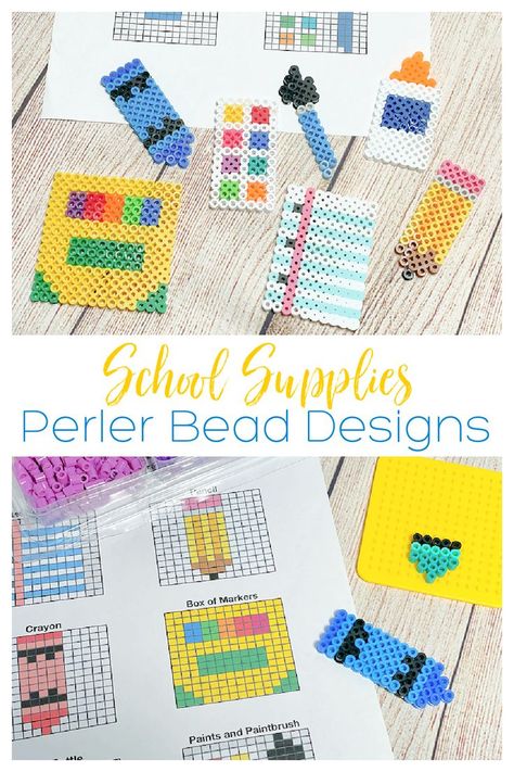 6 school supply themed perler bead designs. Kids love using fuse beads to create and these designs are a fun way to celebrate heading back to school. Designs include a pencil, piece of paper, crayon, box of markers (or crayons or colored pencils), glue, and a set of paints and paintbrush Perler Bead Designs, Babysitting Fun, Melty Bead Patterns, Perler Bead Templates, Perler Crafts, Crayon Box, Melty Beads, Paper Patterns, School Supply