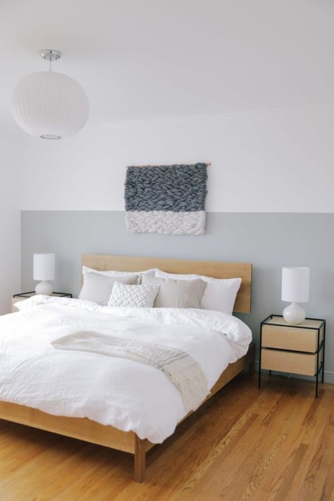 The Secret to a Serene Bedroom - Apartment34 Half Gray Half White Wall, Half Painted Accent Wall Bedroom, Half Way Painted Wall Bedroom, 2 Tone Room Paint Bedrooms, Half Painted Accent Wall, Two Tone Painted Walls Bedroom, Half Painted Bedroom, 2 Toned Bedroom Walls, Two Tone Room Walls Paint Ideas