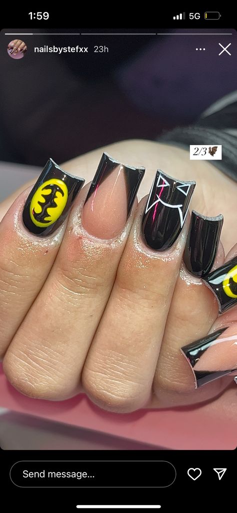 Nail Ideas For Boyfriend, Batman Nails Design, Batman Nails Acrylic, Batman Nail Art, Superhero Nails, Batman Nails, Short Square Acrylic Nails, Acrylic Nails Coffin Pink, Cute Gel Nails