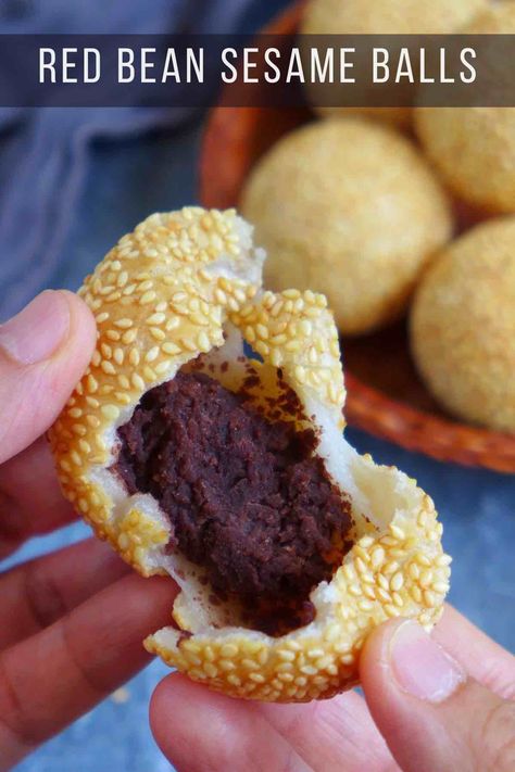 Gooey dough filled with red bean paste and coated with crispy sesame seeds, Chinese sesame balls are simply delightful! Learn top tips to make them to perfection. Sweetened Red Bean Paste, Red Bean Sesame Balls, Chinese Sesame Balls, Sweet Bean Paste Recipe, Sesame Seed Balls, Sweet Fritters, Bean Balls, Recipes Using Beans, Chinese Dessert Recipe