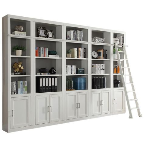 Small Library Wall, Library Wall With Ladder, Small Library, Coastal Office, Home Library Rooms, Bookcase Wall Unit, Home Office Library, Bookcases For Sale, Library Bookcase