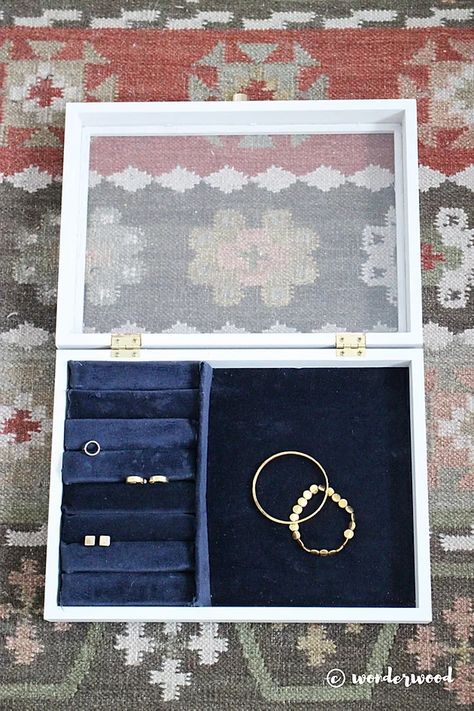 DIY Jewelry Box IKEA Hack Diy Jewelry Box, Bracelet Organizer, Jewelry Box Diy, Organize Fabric, Painted Sticks, Organiser Box, Hacks Diy, Mod Podge, Diy Fabric