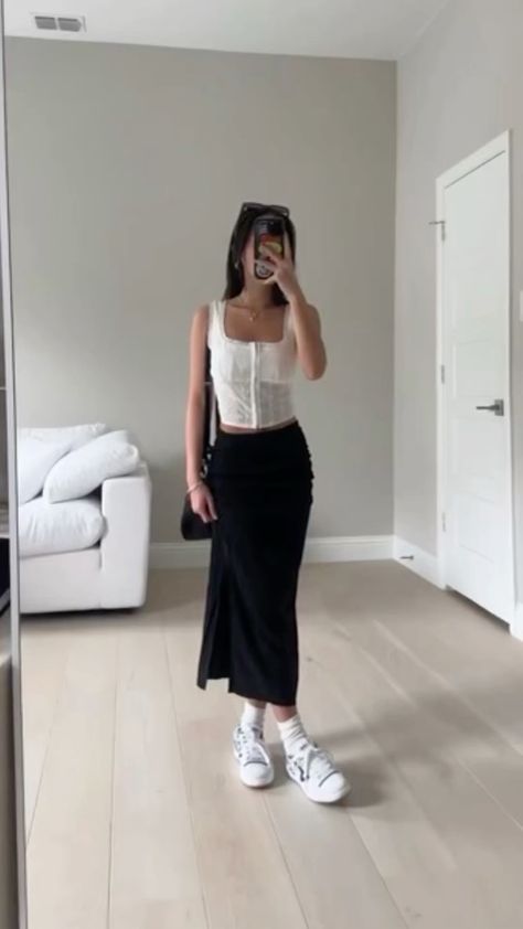 Korea Clubbing Outfit, Outfit With Sneakers Summer, White Top And Black Pants Outfit, Work Function Outfit, Japan Outfit Inspo Summer, Black Skirt Long Outfit, Long Skirt Black Outfits, Boba Date Outfit, Black Long Skirt Outfit Summer