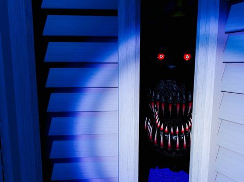 The Nightmare animatronic hiding in the closet of the child's bedroom as seen in Five Nights at Freddy's 4. #FNAF4 Halloween Date, Fnaf Foxy, Fnaf 4, Fnaf Sister Location, Animatronic Fnaf, Fnaf Wallpapers, Sister Location, Freddy Fazbear, Wallpaper Bedroom