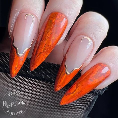 Zodiac Nails, Nails Moon, Short Nail Bed, Stained Nails, French Press On Nails, Nails Orange, Nails Chrome, Custom Press On Nails, Orange Stick