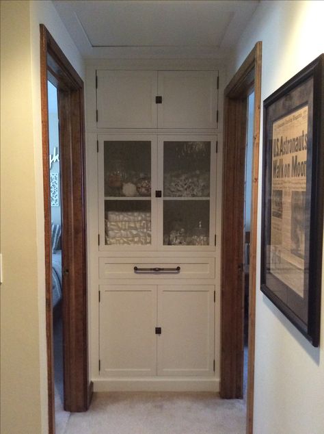 End of hallway linen closet. Remove bifold door, add custom cabinet. End Of Hallway Closet Door Ideas, Cabinet At End Of Hallway, End Of Hall Linen Closet, End Of Hallway Linen Closet, Hall Closet Cabinet Ideas, How To Build A Linen Closet, Hallway Cabinets Built In Makeover, Closet At End Of Hallway, End Of Hallway Storage Ideas