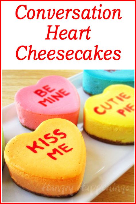 Your sweetheart will fall in love with these Conversation Heart Cheesecakes. This Valentine's Day dessert is made using the very best cheesecake recipe. Each heart-shaped cheesecake is made on a graham cracker crust and is decorated with a special message on top. Shaped Cakes, Valentine Desserts, Conversation Heart, Heart Shaped Cakes, Valentines Day Desserts, Valentines Day Food, Hari Valentine, Valentine's Day Recipes, Valentine Love