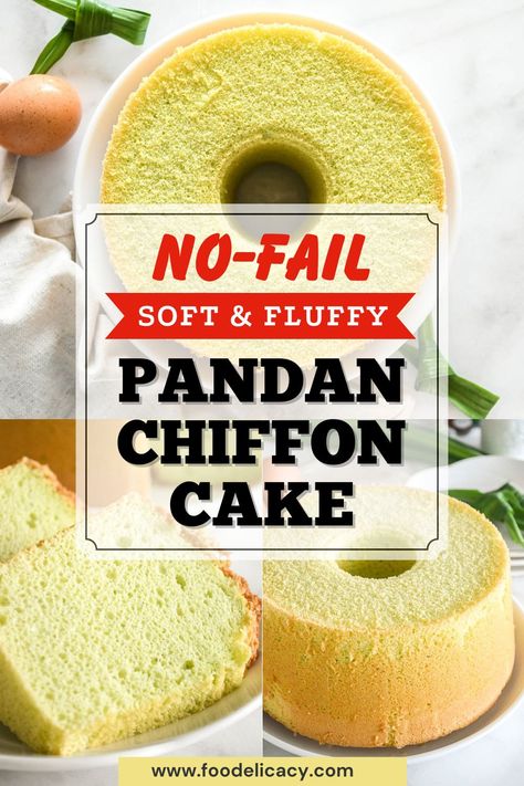 No Fail Pandan Chiffon Cake: Step-by-Step Guide {with VIDEO} Pandan Chiffon Cake Recipe, Cake Problem, Cookie Pudding Dessert, Chiffon Cake Recipe, Pandan Chiffon Cake, Pandan Cake, Coconut Bread, Steamed Cake, Cakes Recipes