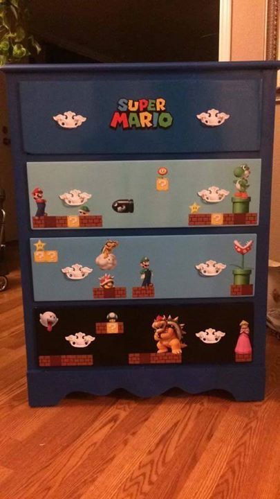 Mario Sonic Bedroom, Mario Nightstand, Video Game Dresser Diy, Mario Kart Room Decor, Subtle Mario Bedroom, Mario Dresser, Fun Furniture Design, Mario Bros Room, Mario Bedroom