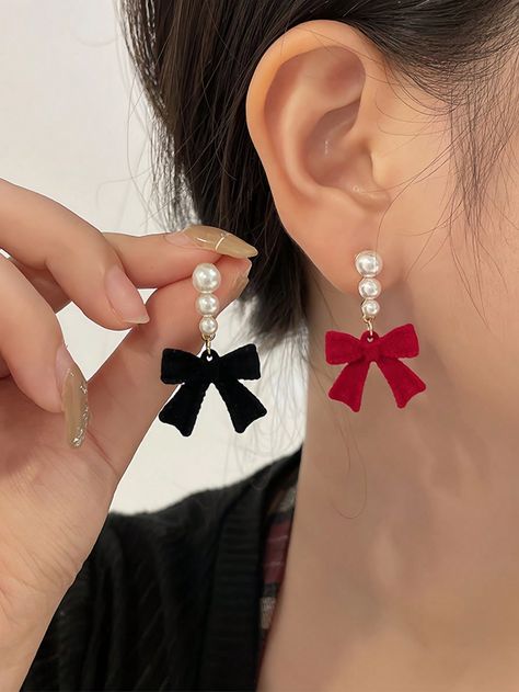 1pair S925 Silver-Needle Minimalist Red & Black Bow, Faux Pearl & Plush Ear Studs With Unique Design And StyleI discovered amazing products on SHEIN.com, come check them out! Snowflake Pendant, Elegant Red, Bow Earrings, Velvet Bow, Mua Sắm, Beautiful Gifts, Red Bow, Black Bow, Gift Accessories