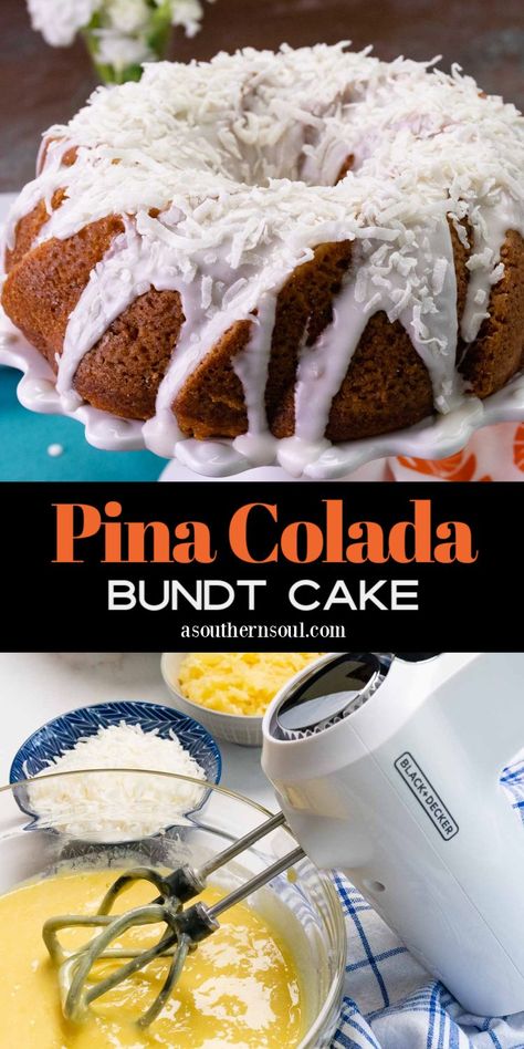 Pina Colada Bundt Cake, Pina Colada Cake Recipe, Pina Colada Cake, Apple Cream Cheese, A Southern Soul, Pineapple And Coconut, Boxed Cake, Vanilla Pudding Mix, Southern Food