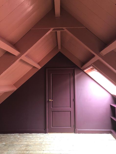 Farrow and ball brinjal  en pure en original courtly rose Pure And Original, Beacon House, Farrow And Ball, Attic Bedroom, Attic Rooms, House Goals, Apartment Interior, My New Room, Room Colors