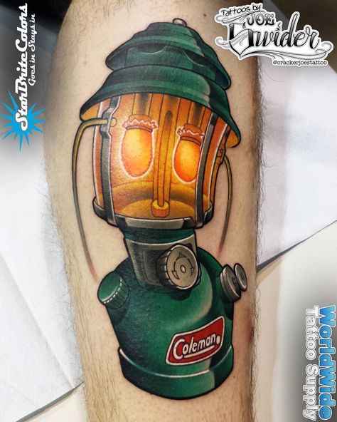 Coleman Lantern Tattoo for Campers by CT Tattoo Artist Cracker Joe Swider Camping Tattoo, Lantern Camping, Milford Ct, Coleman Camping, Camping Buddy, Lantern Tattoo, Coleman Lantern, Website Portfolio, Waterproof Matches