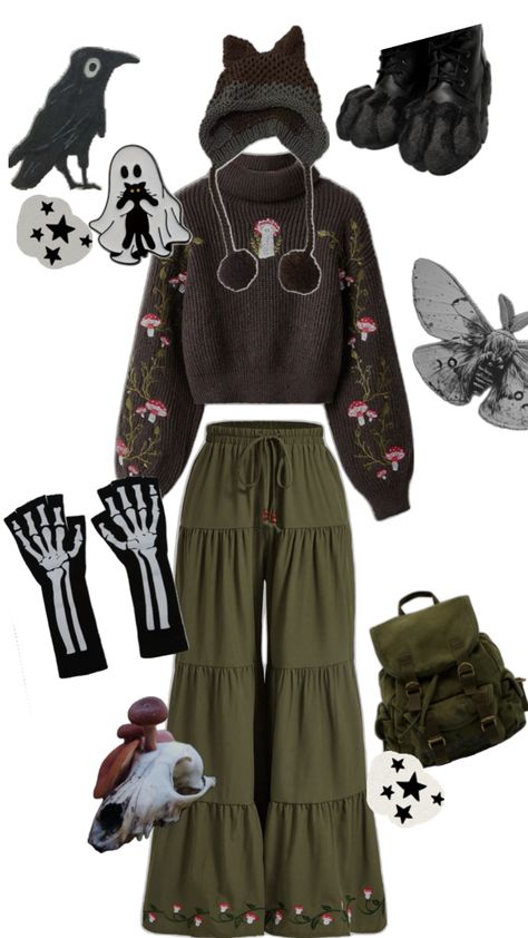 #collage #grunge #goblin #forest #goblincore #outfit Forest Aesthetic Outfit, Goblin Forest, Goblin Core Outfit, Goblincore Outfits, Goblincore Fashion, Fairy Core Outfits, Casual Boho Outfits, Cottagecore Outfits, Goblin Core