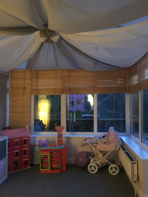 Close up of playroom I have created for my daughter in my conservatory! Ceiling drapes/fabric swag have helped me make it pretty and cosy!! Conservatory Playroom, Terrace Canopy, Canopy Carport, Canopy Diy, Bedroom Canopy, Canopy Over Bed, House Canopy, Museum Ideas, Roof Canopy