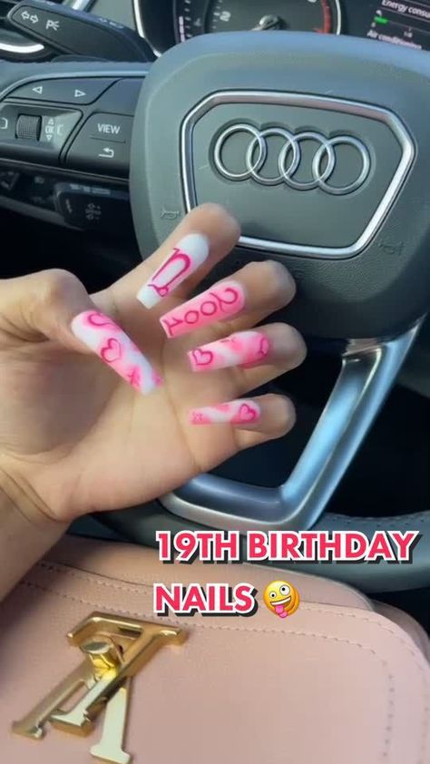 19th Birthday Nails, 21st Birthday Nails, Sweet 16 Nails, Acrylic Nails Long, Nails Long Square, Birthday Nail Designs, Birthday Nail, Long Acrylic Nail Designs, Classy Acrylic Nails