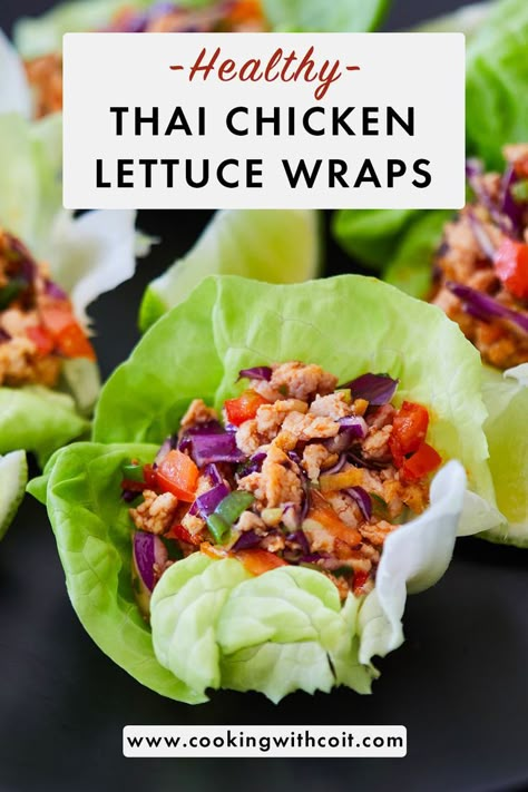 Healthy Thai Chicken, Asian Plates, Thai Chicken Recipe, Thai Lettuce Wraps, Thai Chicken Lettuce Wraps, Chicken Lettuce Cups, Lettuce Wraps Healthy, Slow Cooker Thai Chicken, Chicken Lettuce Wraps Recipe