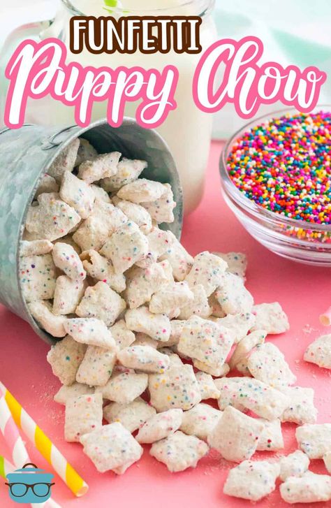 With only 5 ingredients, this Funfetti Puppy Chow is a fun and easy treat to serve to family and friends. Funfetti Puppy Chow, Cereal Snacks, Chex Mix Recipes, Easy Treat, Country Cook, The Country Cook, Snack Mix Recipes, Crunchy Snack, Birthday Desserts