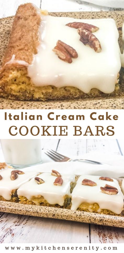 Delicious Italian Cream Cake baked in a sheet pan, then cut into bars or squares.  The ingredients form a chewy, cookie-like crust.  Topped with rich homemade cream cheese frosting.  It's the easiest Italian Cream Cake ever!  It's rich and decadent just like the original layered cake. #italiancreamcakerecipe #easycookiebars #cookiebarswithcakemix #easydessertrecipe Italian Desserts For A Crowd, Cake Cookie Bars, Beginner Baking, Italian Cream Cake Recipe, Fun Bars, Homemade Cream Cheese Frosting, Cookie Bars Easy, Chocolate Peanut Butter Desserts, Homemade Cream Cheese