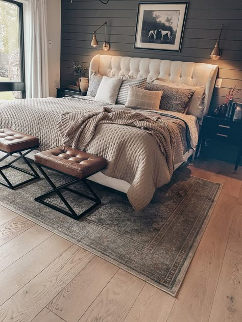 Tiny Modern Bedroom Ideas, Tranquil Primary Bedroom, Bedroom Ideas Master Modern Tufted Headboards, Master Bedrooms Dark Accent Wall, Brown Bed Rooms Ideas, Master Bedrooms Decor Gray Walls, Calming Bedroom Colors Master Suite, 13x13 Bedroom Layout, Master Bedrooms Decor Cozy Relaxing Dark