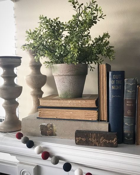 January Mantle with old books, a plant and fuzzy ball garland!   #farmhouse Book Mantle Decor, Mantle With Books, Old Books Decor Display, Mantle Decor With Books, Books On Fireplace Mantle, Books On Mantle, January Mantle, January Mantle Decor, Vintage Mantle Decor