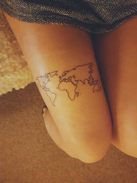 World map tattoo #tattoo #worldmap #travel #traveltattoo #thightattoo World Map Tattoo Thigh, World Map Leg Tattoo, Traveler Tattoos, Small Travel Tattoos, Tattoo Ideas Travel, Tattoo Map, Watercolor Bike, World Map Tattoo, Tattoos For Women Unique