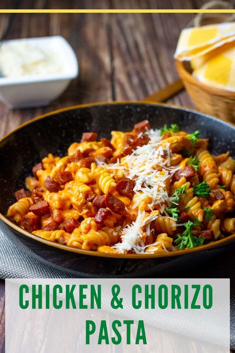 This 20-minute Chicken and Chorizo Pasta with Creamy Tomato Sauce is the perfect recipe for busy weeknights when you need a quick and satisfying meal. The combination of tender chicken, spicy smoky chorizo, and rich tomato sauce creates a mouthwatering flavour that will have your taste buds dancing. Best of all, this recipe is easy to make and requires just a few steps, making it a great option for beginner cooks or anyone looking for a delicious dinner in a hurry. Chicken Chorizo Pasta, Chicken And Chorizo Recipes, Pasta And Chorizo Recipes, Chorizo Recipes Dinner Pasta, Chorizo Sundried Tomato Pasta, Creamy Chicken Chorizo Pasta, Chorizo Pasta Recipes, Chicken And Chorizo Pasta, Multicultural Recipes