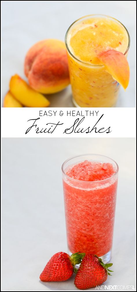 Simple and healthy fruit slush recipes made with real fruit and no sugar - a… Fruit Slushy Recipe, Frozen Fruit Slush Recipes, Fruit Slush Recipes, Slushy Recipes, Slushie Recipes, Fruit Slushies, Slush Recipes, Icee Recipe, Fruit Slush