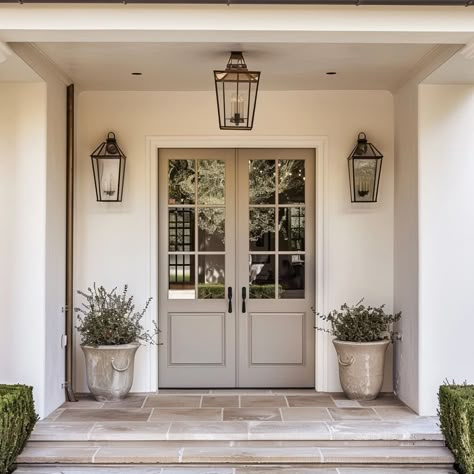 Front Door Single Design, Front Doors For White Houses, Inset Front Door Entrance, Front Door Farmhouse Entrance, Double Front Doors With Glass Panels, White Oak Front Doors, Colonial Front Door, Back Door Ideas, Wood Front Door