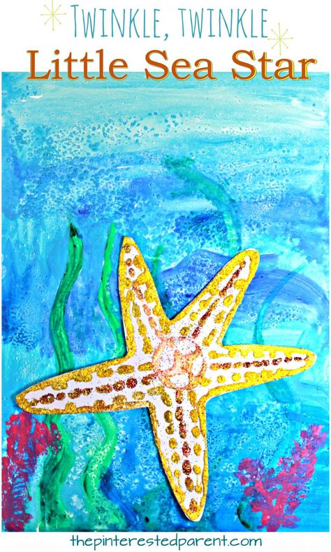 Glitter Sea Star on watercolor paints. Use salt for an additional effect. Under the sea arts and crafts projects for kids and preschoolers. Twinkle, twinkle, little sea star underwater painting Sea Arts And Crafts, Under The Sea Art, Summer Arts And Crafts, Arts And Crafts Interiors, Arts And Crafts For Teens, Underwater Painting, Sea Life Art, Underwater Art, Sea Crafts