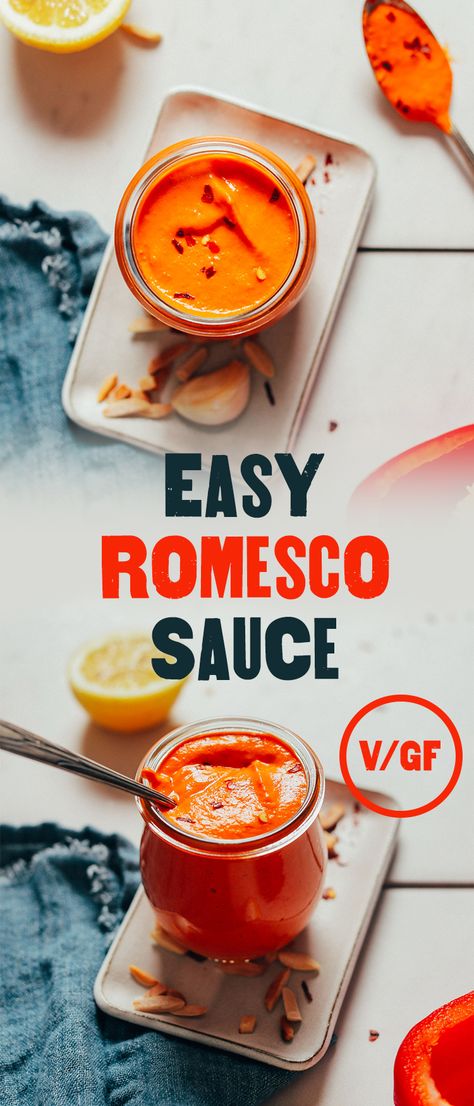 EASY, Creamy Romesco Sauce! 7 ingredients, 30 minutes, INCREDIBLY flavorful! PERFECT for pastas, breakfast, vegetables and more! #plantbased #romesco #glutenfree #minimalistbaker #recipe Romesco Sauce Recipe, Breakfast Vegetables, Romesco Sauce, Minimalist Baker, Small Food Processor, Garlic Pasta, Vegan Sauces, Veggie Bowl, Sweet Sauce