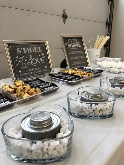 Wedding Shower Smores Bar Smores Dessert Table, Smores Table Wedding, S’mores Bar Ideas, Smores Buffet, Smores Table, Smores Bar Wedding, Backyard Wedding Bar, Debutante Party, Smores Party