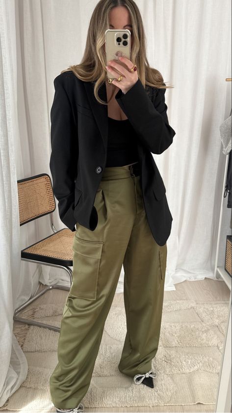 Wide Leg Cargo Trousers Outfit, Cargo Pants Professional, Green Silk Trousers Outfit, Slinky Pants Outfit, Satin Cargo Pants Outfit Casual, Green Combat Pants Outfit, Green Cargo Winter Outfit, Elevated Cargo Pants Outfit, Elegant Cargo Pants Outfit