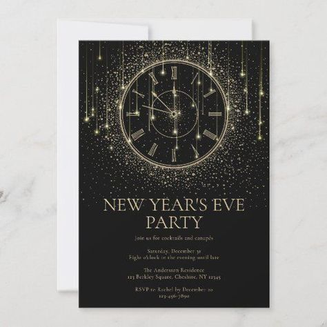 Elegant New Year's Eve Party Invitation #nyeparty #elegantclocks #cocktail #drink #blackandgold #decoart #modernholidayparty #trendy #celebration #elegant Nye Party Invitations, New Year’s Eve Invitation, New Years Eve Birthday Party, New Year's Eve Background, Gold Christmas Lights, Cocktails And Canapes, New Years Dinner, 2024 Inspiration, Invite Design