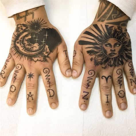 Kimberly on Instagram: “Sun and moon hand tattoos and "road to Zion" finger tattoos 💉 I had so much fun doing these pieces!! ☀�️🌙 #tattoo #hand #fingertattoo…” Hand Tattoos Sun And Moon, Sun And Moon Hands Tattoo, Sun Moon Hand Tattoo, Sun And Moon Trad Tattoo, Medieval Sun And Moon Tattoo, Dynamic Tattoo Ink, Unique Hand Tattoos, Side Hand Tattoos, Tattoos For Dad Memorial