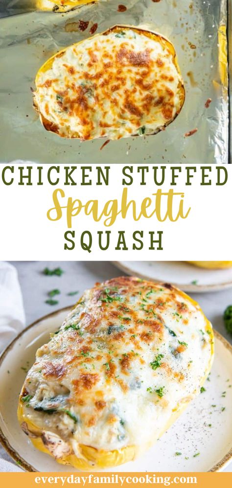 This easy recipe for chicken spaghetti squash is your ticket to a simple and supremely satisfying meal. Veggies like spinach and squash team up with succulent shredded chicken and homemade Alfredo sauce to make a perfectly baked flavor bomb! Creamy Stuffed Spaghetti Squash, Stuffed Spaghetti Squash Recipes Healthy, Chicken With Spaghetti Squash, Spaghetti Squash With Ground Chicken, Chicken And Spaghetti Squash Recipes, Spaghetti Squash And Chicken Recipes, Spaghetti Squash Chicken Recipes, Spaghetti Squash Red Sauce, Rotisserie Chicken Spaghetti Squash