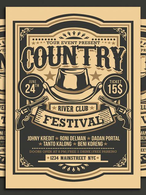 Country Music Festival Template PSD Cowboy Graphic Design, Country Graphic Design, Festival Advertisement, Country Music Poster, Rodeo Aesthetic, Festival Template, Typography Classic, Country Artwork, Country Poster