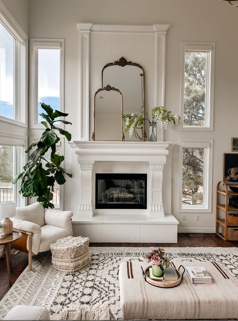 fireplace mantel with layered mirrors Mirror Mantle Decor, Layering Mirrors, Layered Mirrors, Fireplace Hearth Decor, Mirror Over Fireplace, Mirror Above Fireplace, Primrose Mirror, Fireplace Decor Ideas, Craftsman Living Room